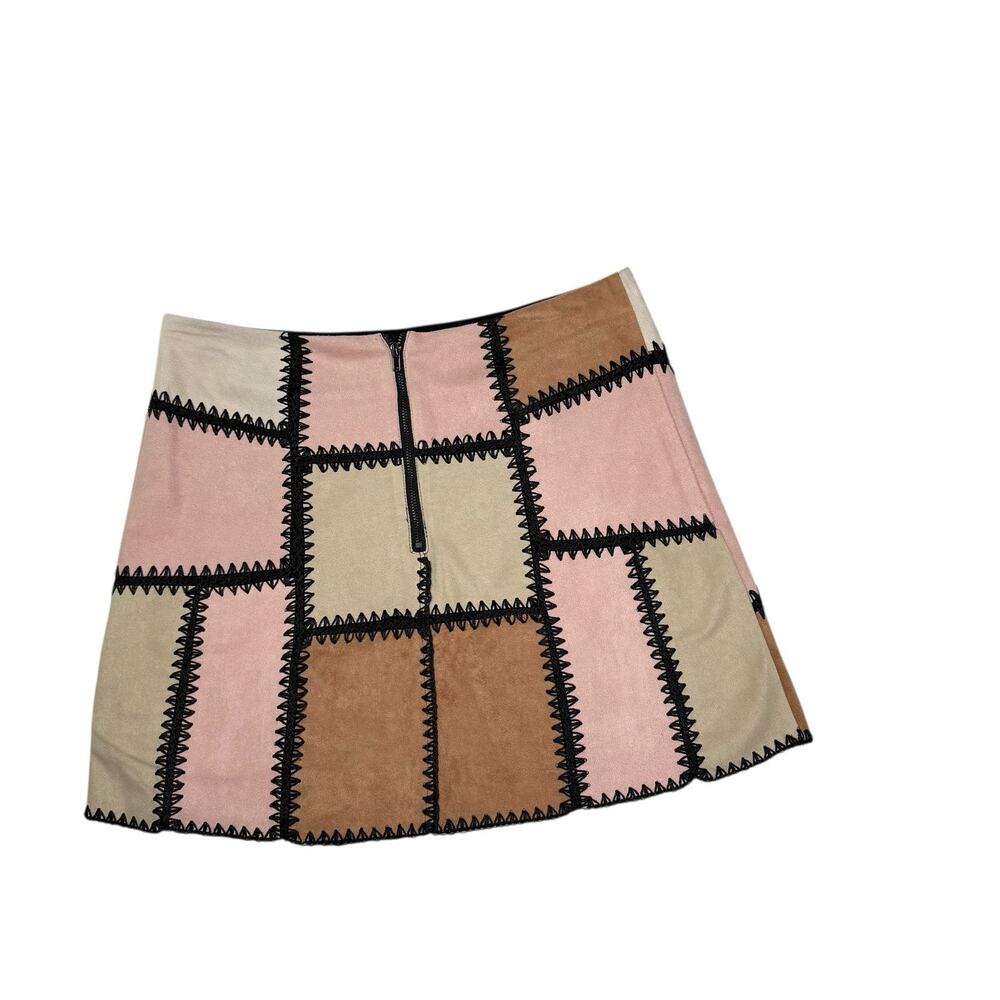 Gianni Bini Faux Suede Patchwork Mini Skirt Med Boho Retro 70s Festival Western - Picture 2 of 10
